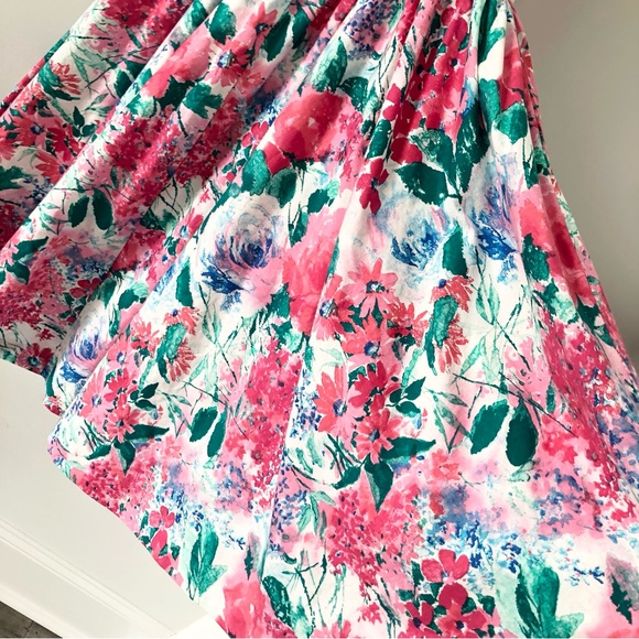 Vintage 80’s Leslie Lucks Bright Floral Print Full Skirt Dress w/ Bows - Picture 11 of 16